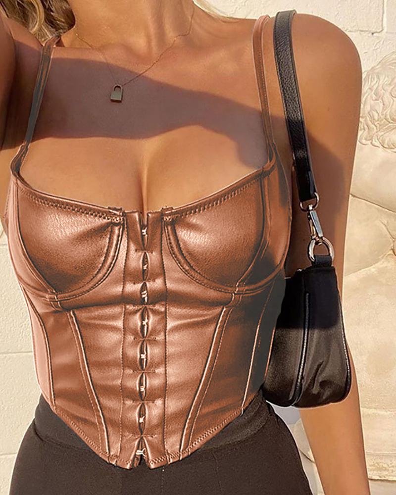 

Spaghetti Strap PU Leather Top, Brown