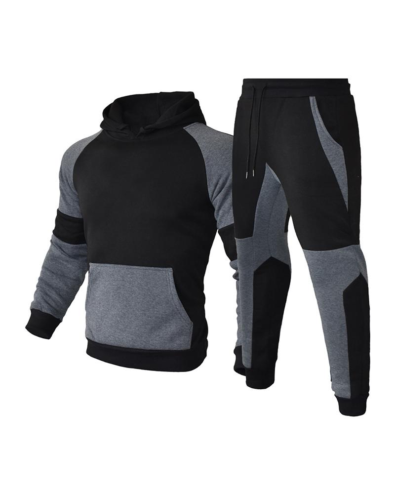 

Men Colorblock Pockets Hooded Top & Pants Set, Dark grey