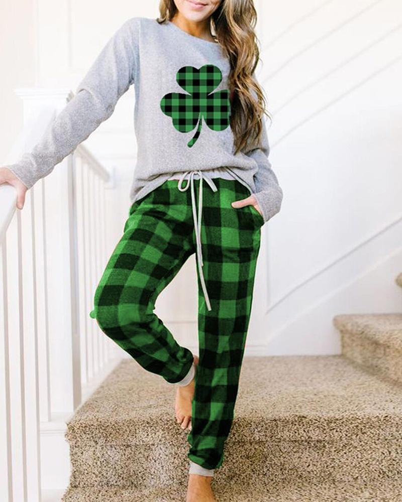 

St.Patrick's Day Clover Print Long Sleeve Top & Pants, Green