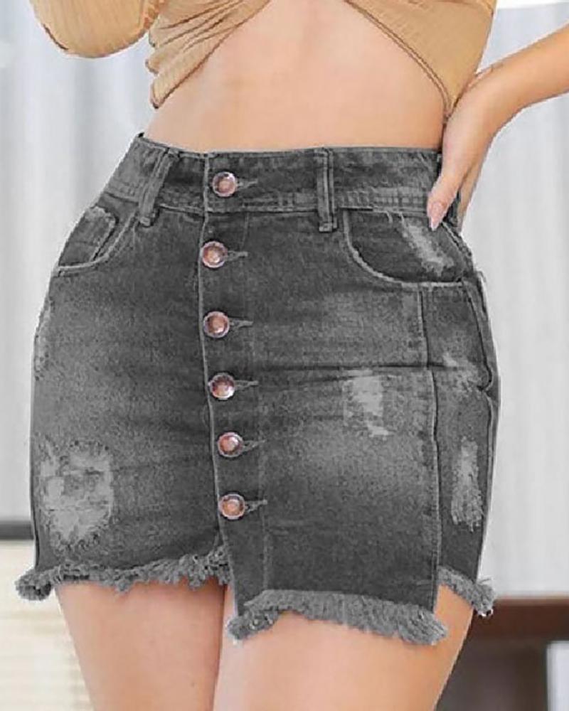 

Ripped Fringe Hem Casual Denim Skirt, Gray