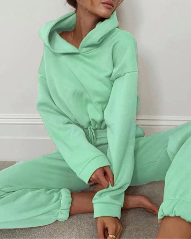 

Plain Drawstring Hooded Crop Top & Pocket Design Pants Set, Green