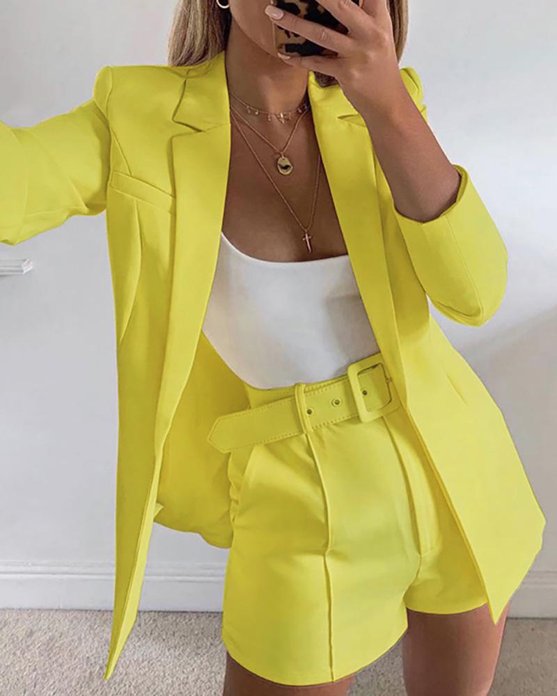 

Solid Blazer Coat & Pockest Design Shorts Sets, Yellow