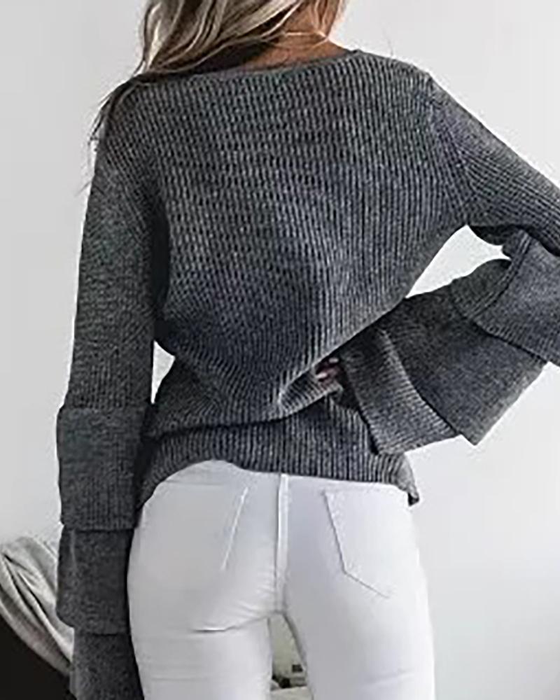 

Ruffles Bell Sleeve Solid Casual Top, Gray
