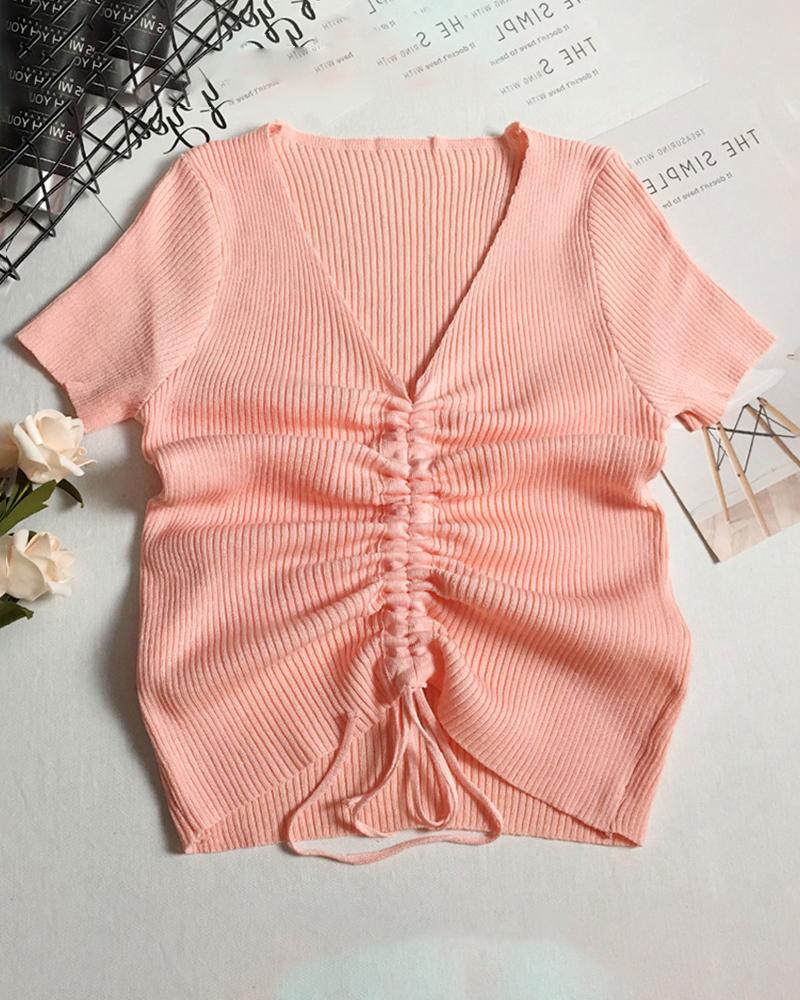 

V-neck Short Sleeve Ribbed Drawstring T-shirt, Pink