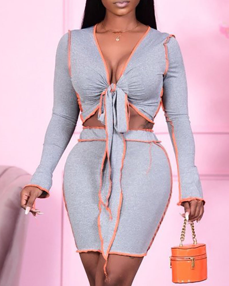 

Colorblock Long Sleeve Knotted Top & Skirt Set, Gray