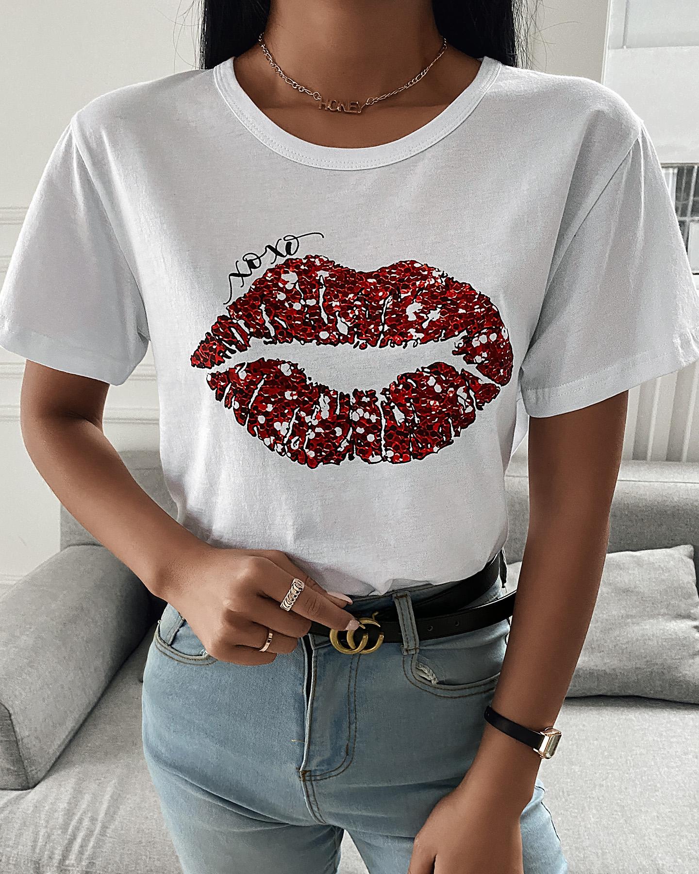 

Lip Heart Letter Print Casual T-shirt, White