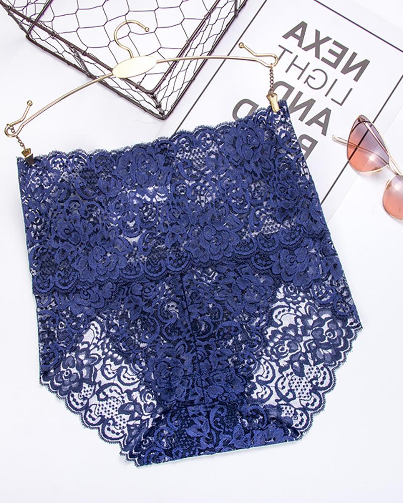 

High Waist Floral Lace Transparent Underwear, Dark blue