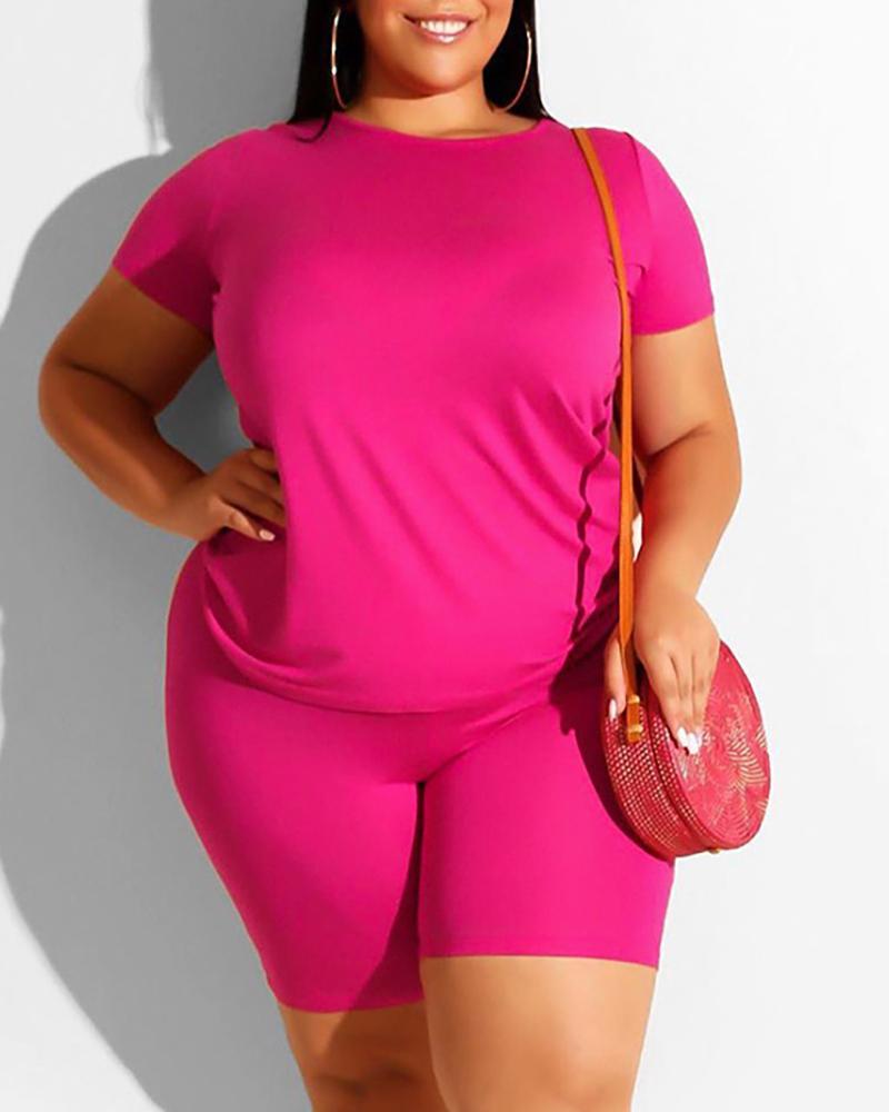 

Solid Round Neck Top & Shorts Set, Hot pink