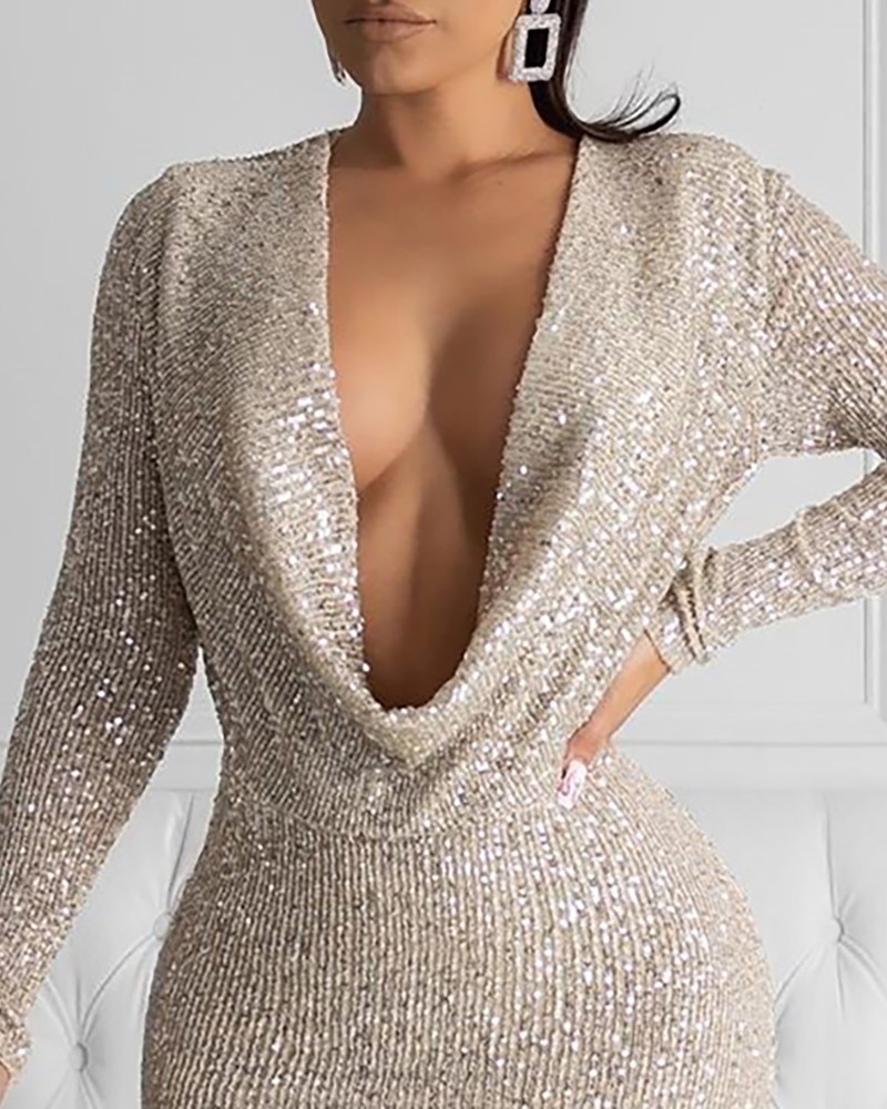 black glitter plunge long sleeve bodycon dress
