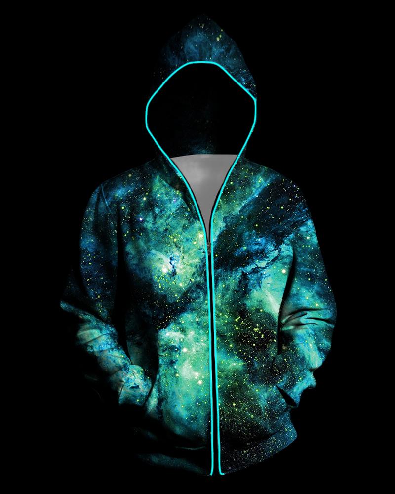 

3D Light Up Hooded Galaxy Print Zipper Battery Powered Jacket, Green