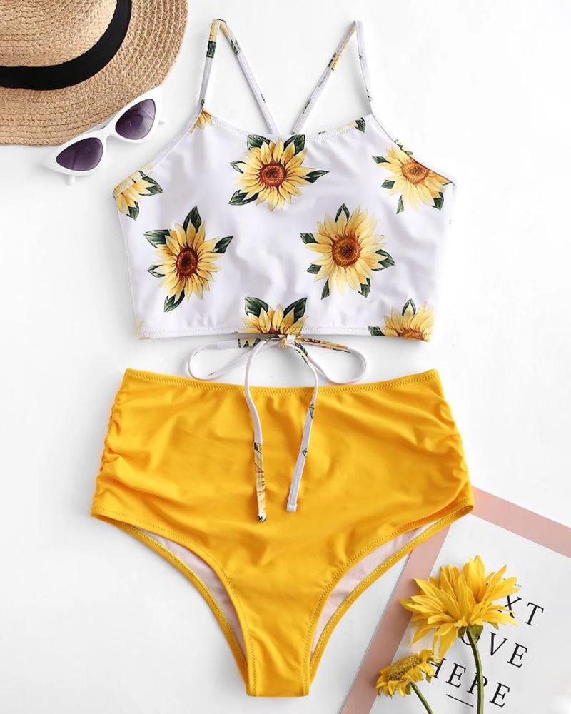 

Sunflower / Palm Leaf Print Colorblock Padded Tankini Set, Yellow