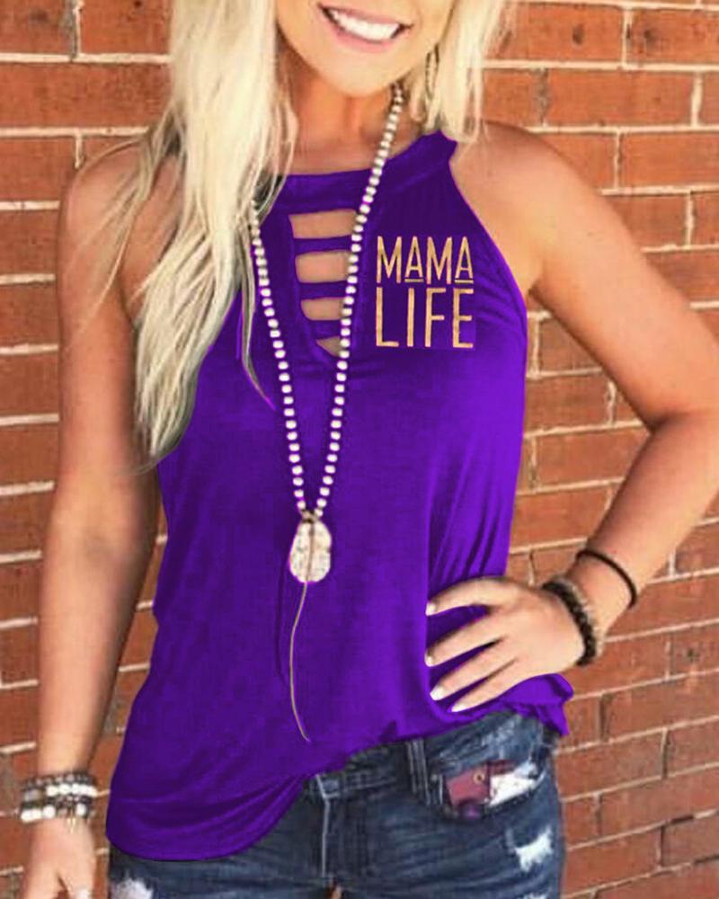 

Letter Print Cut Out Sleeveless Casual T-shirt, Purple