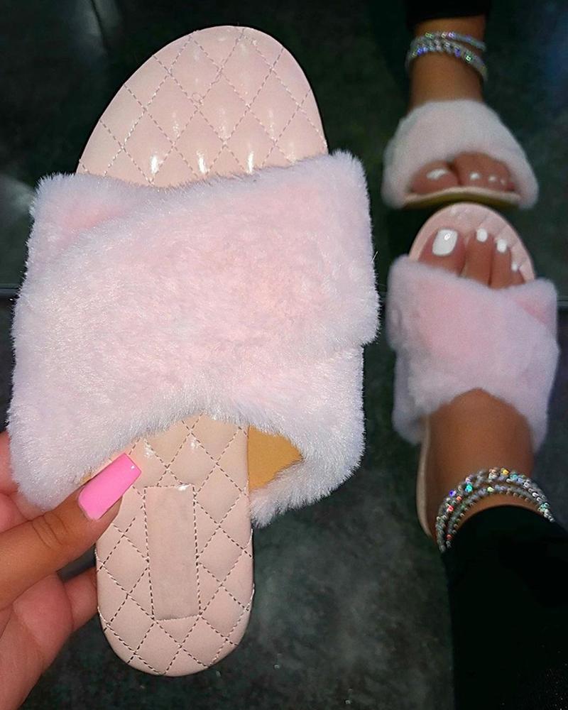 

Quilted Cross Fluffy Slippers, Pink