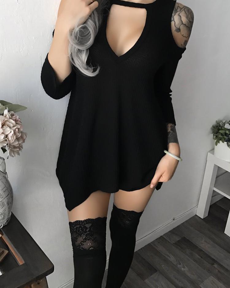 

Open Shoulder Cutout Irregular Mini Dress, Black