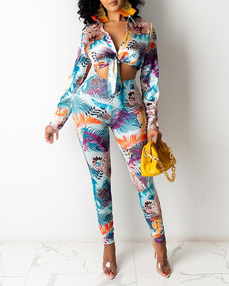 

Tropical Print Knotted Crop Top & Pants Set, Light blue