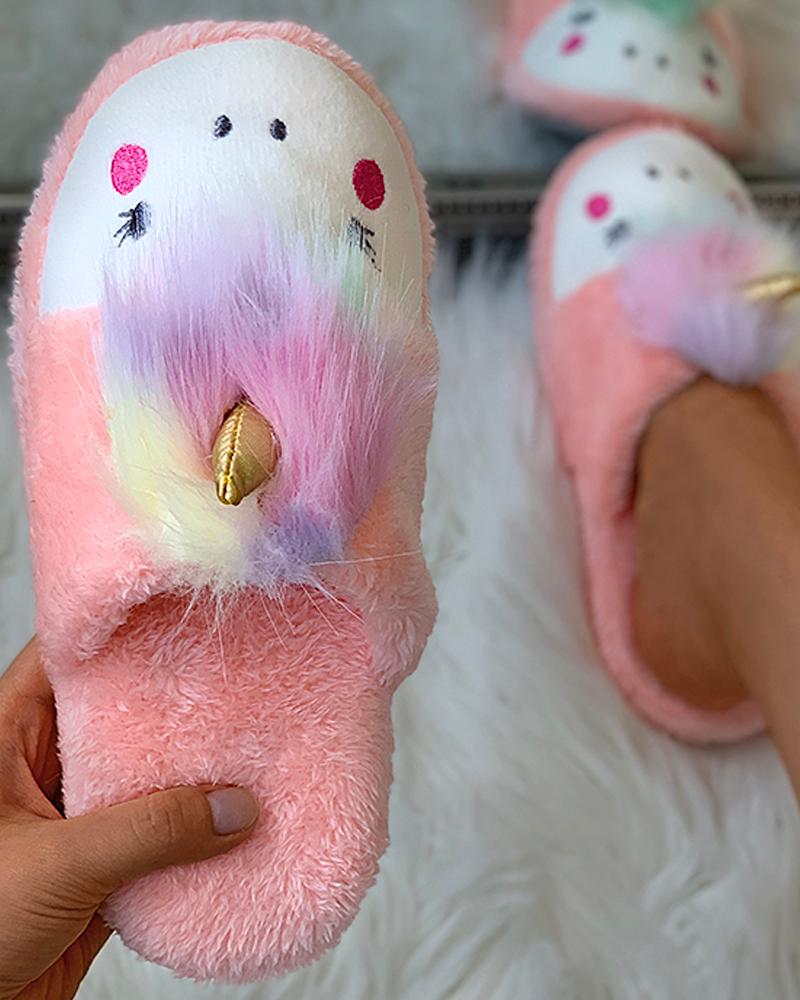 

Unicorn Pattern Fluffy Slippers, Pink