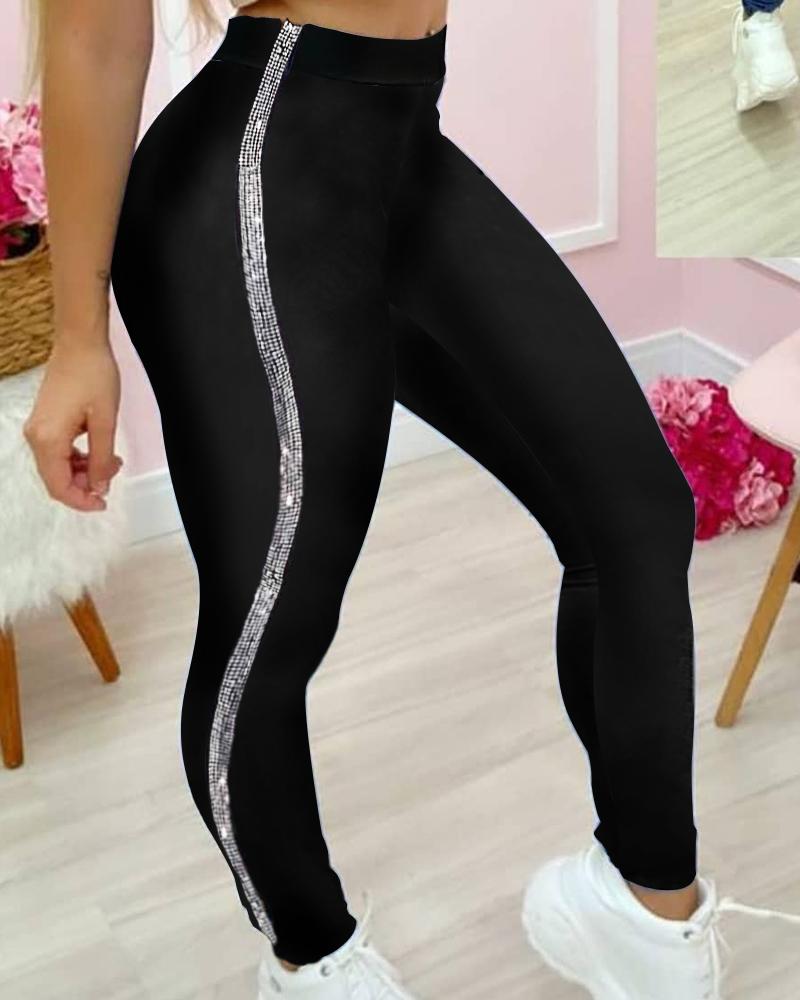 

High Waist Studded Side Skinny Pants, Black