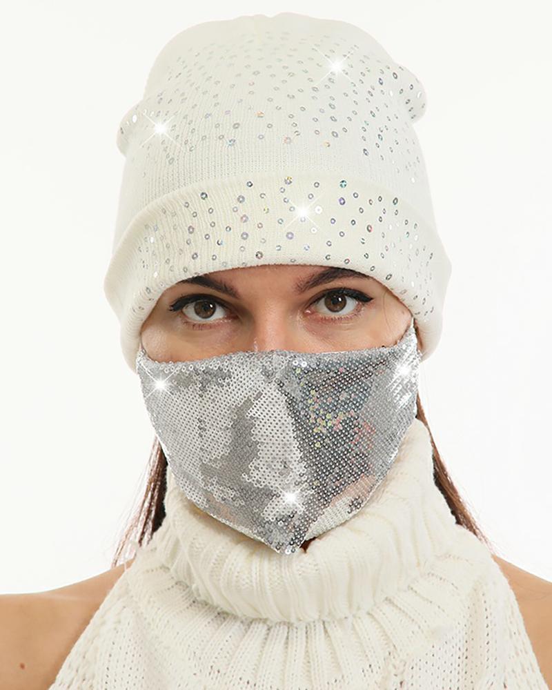 

Sequins Cuffed Beanie With Face Mask, Style1