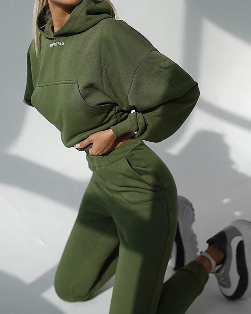 

Letter Print Hooded Top & High Waist Pants Set, Army green
