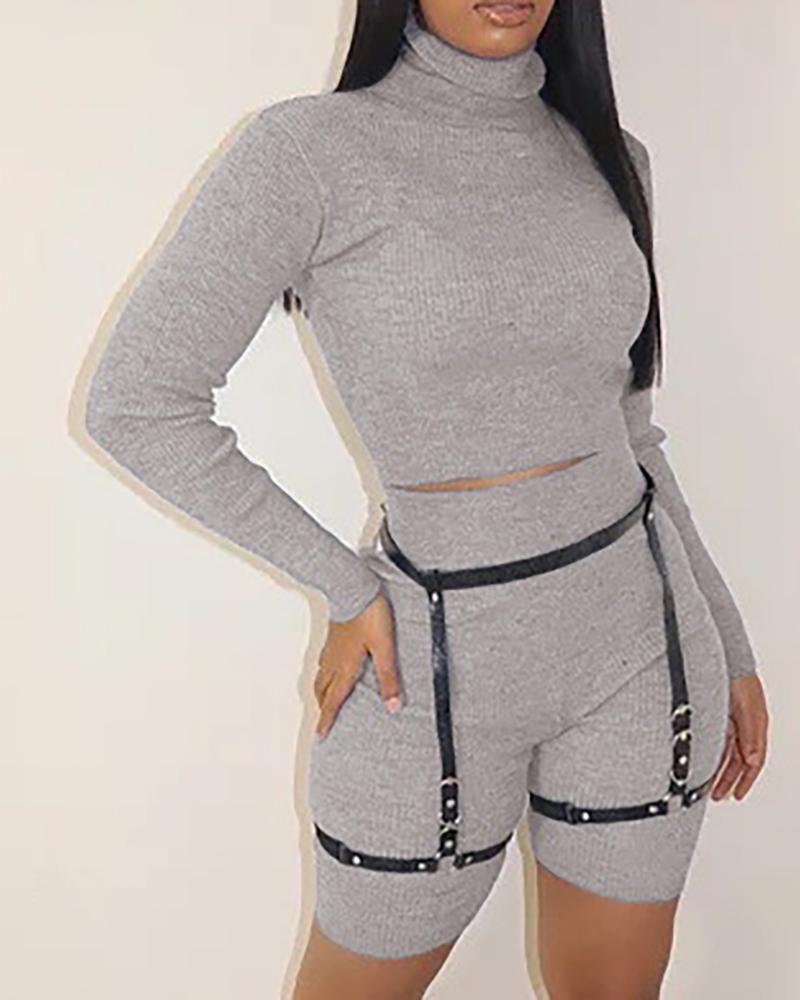 

Plain Long Sleeve Ribbed Crop Top & High Waist Shorts Set, Gray