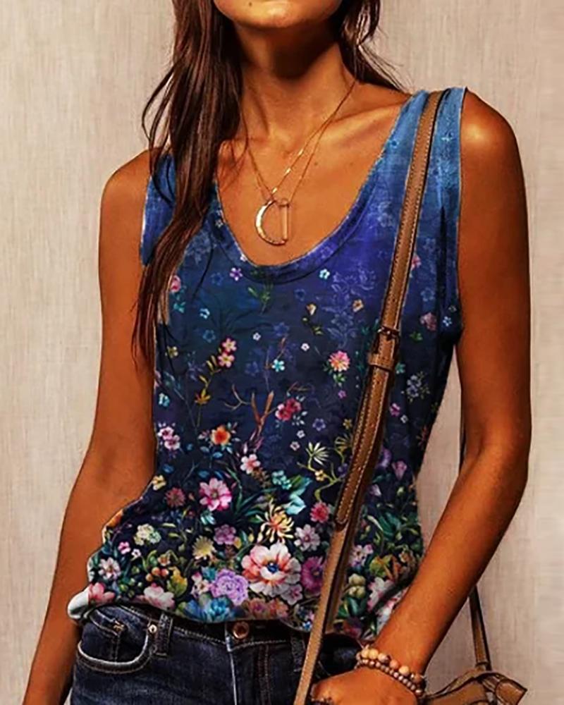 

Floral Print U Neck Tank, Dark blue