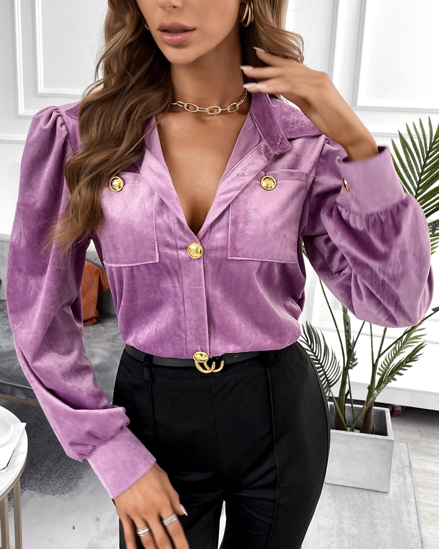 

Velvet Plain Button Pocket Design Shirt, Purple