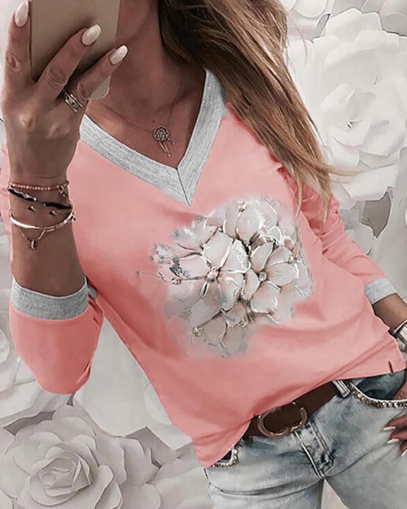 

Long Sleeve Floral print V Neck Sweatshirt, Pink