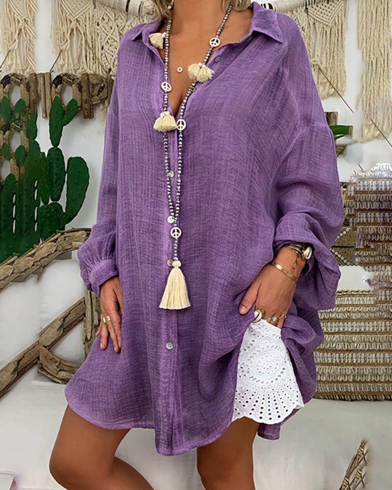 

Lantern Sleeve Button Design Casual Women Blouse, Purple