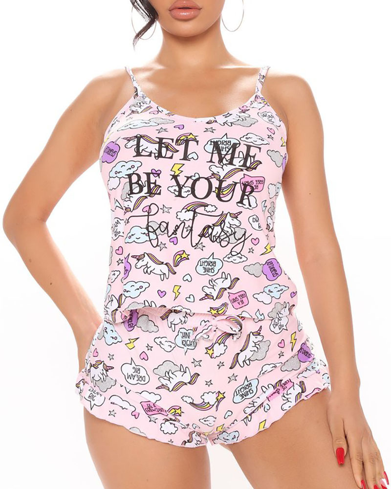

Letter Cartoon Print Drawstring Cami Set, Pink