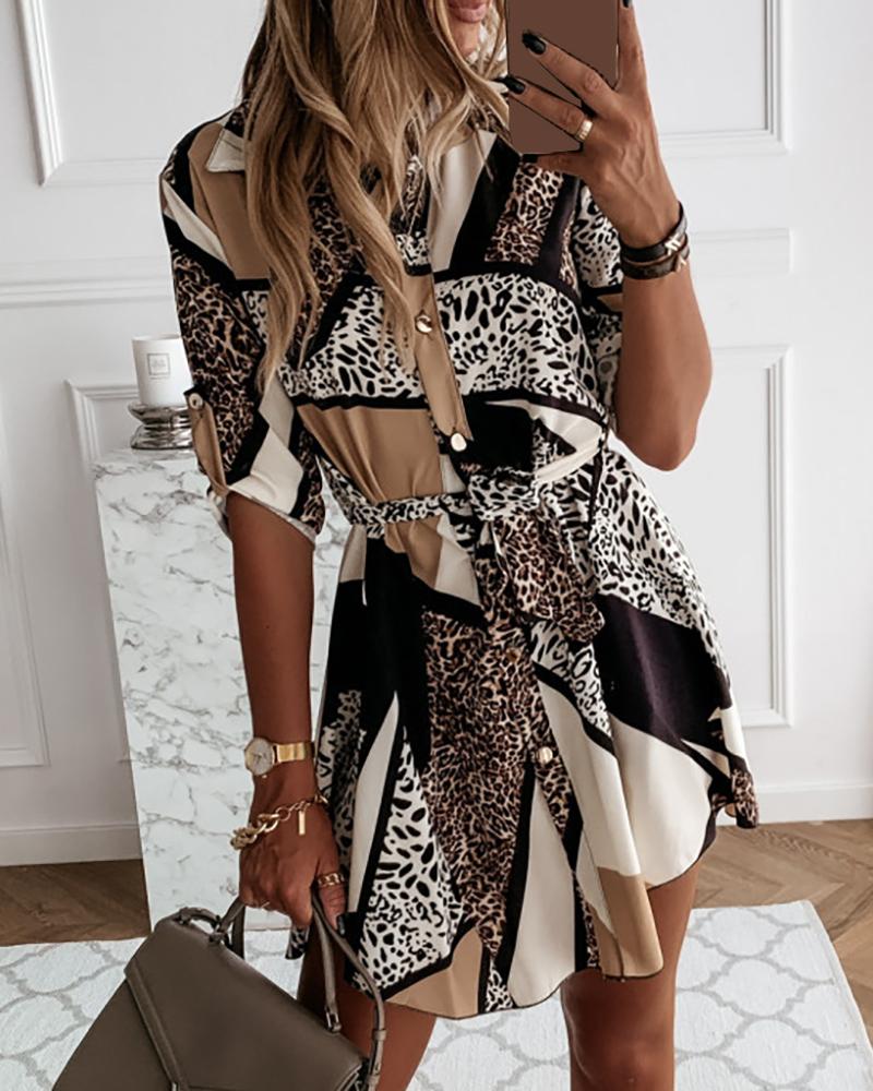 

Cheetah Print Ruffles Button Design Shirt Dress, Multicolor