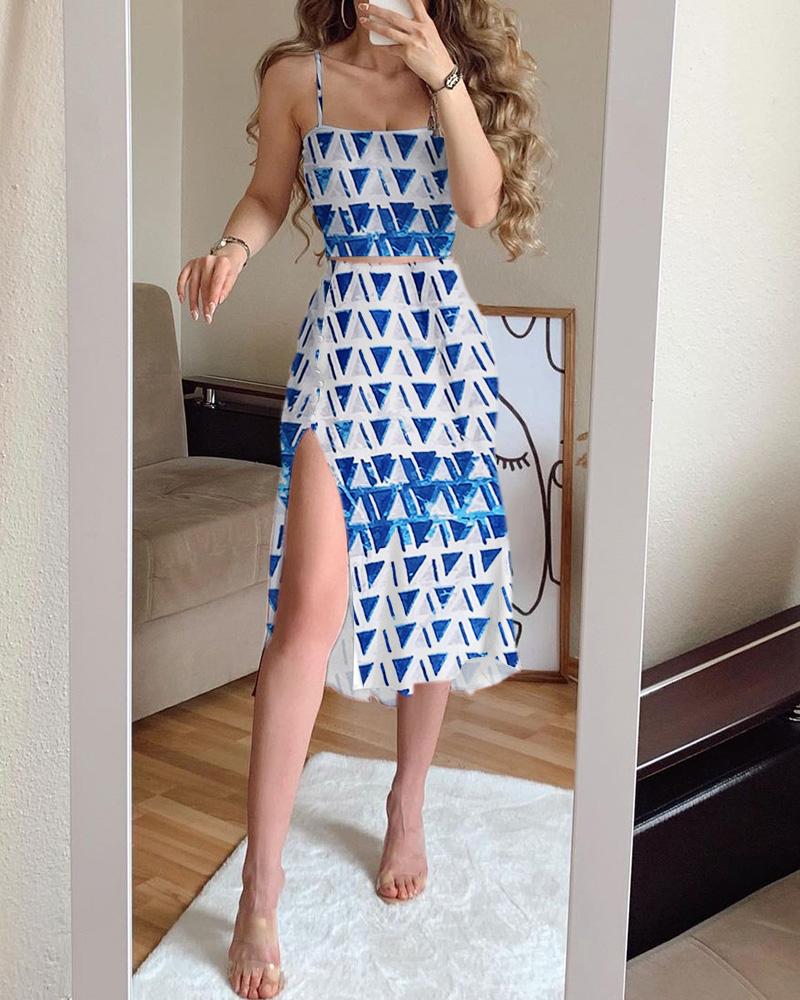 

All Over Print Crop Top & High Slit Midi Skirt Set, Blue