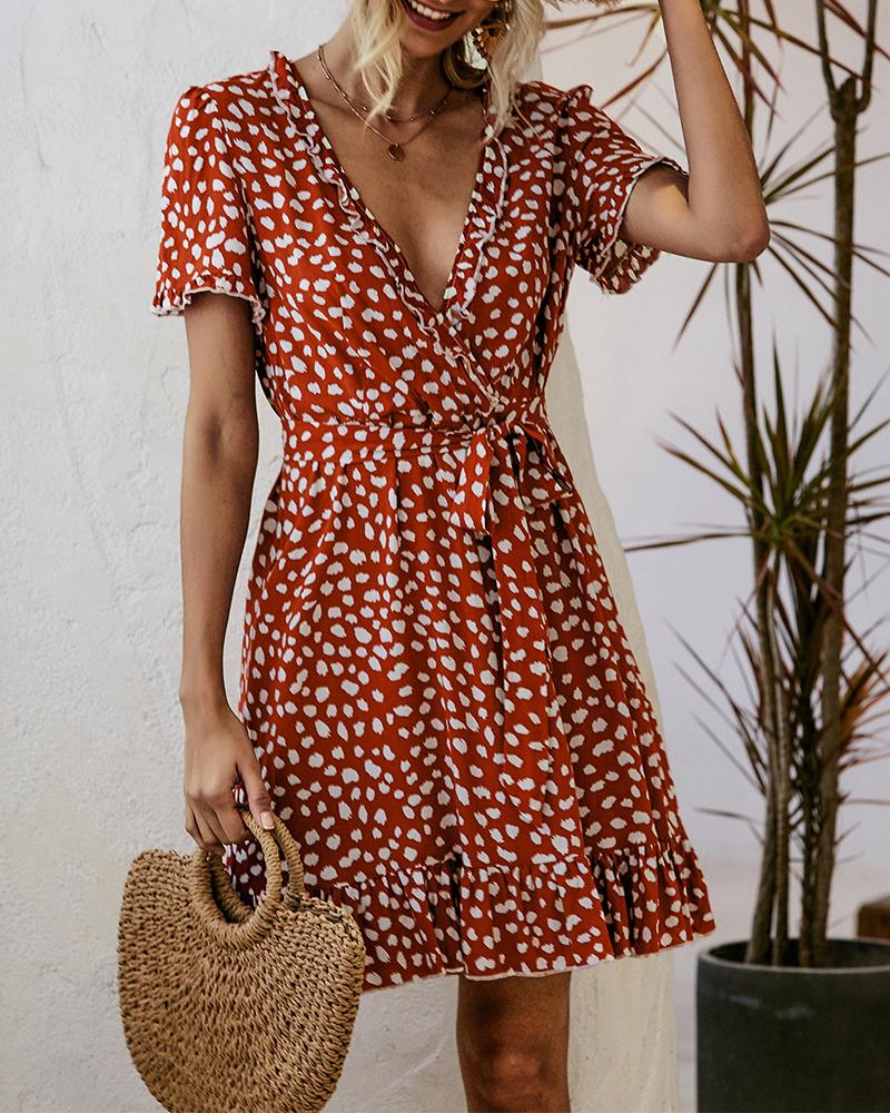 

V Neck Ruffle Trim Mini Dress, Red