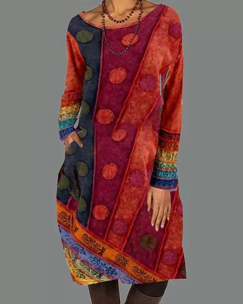 

Plus Size Colorblock Pocket Design Long Sleeve Dress, Red