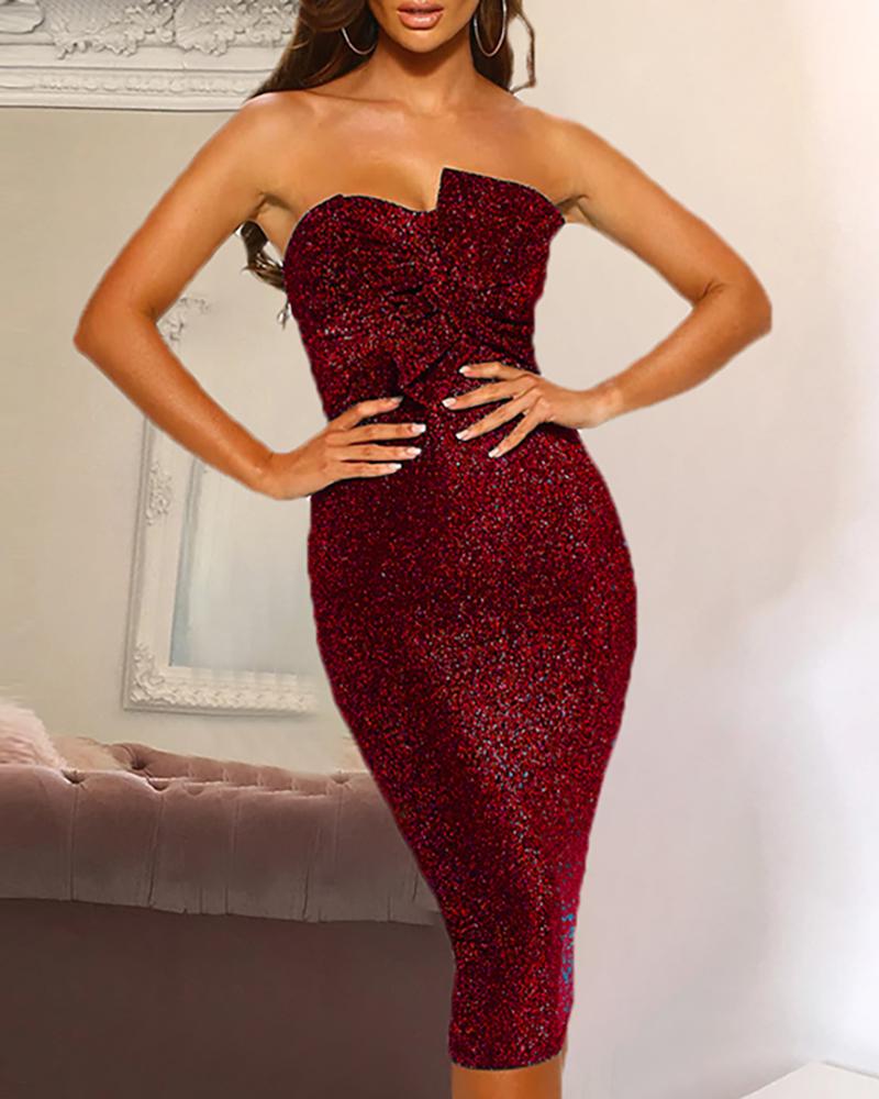 

Glitter Off Shoulder Bowknot Bodycon Dress, Wine red