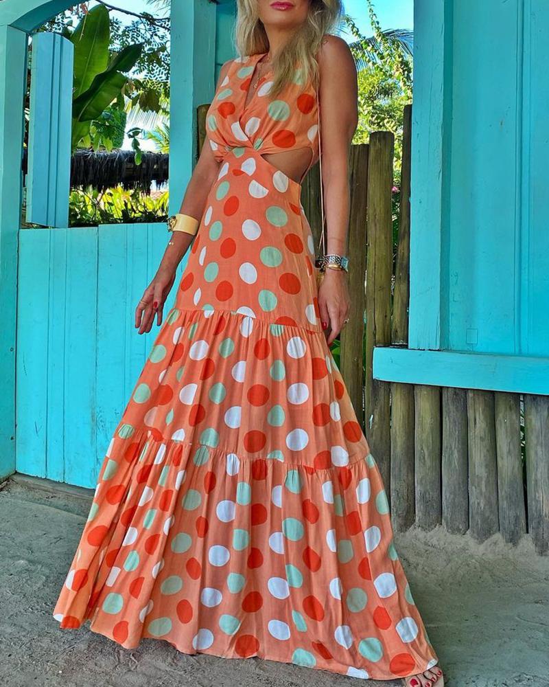 

Colorful Polkadot Print Sleeveless V Neck Maxi Dress, Orange
