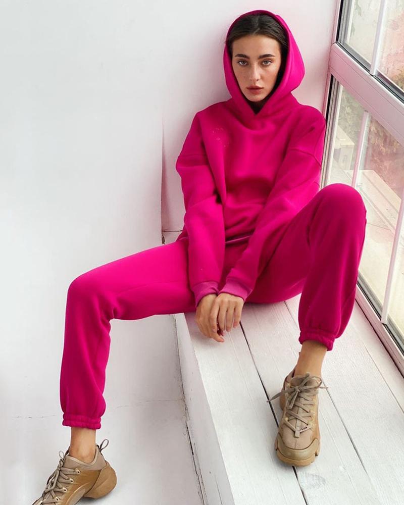 

Letter Pattern Velvet Hooded Top & Pants Set, Hot pink