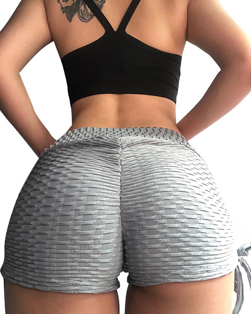 

High Waisted Bubble Textured Scrunch Butt Lifting Gym Workout Booty Shorts, Gray