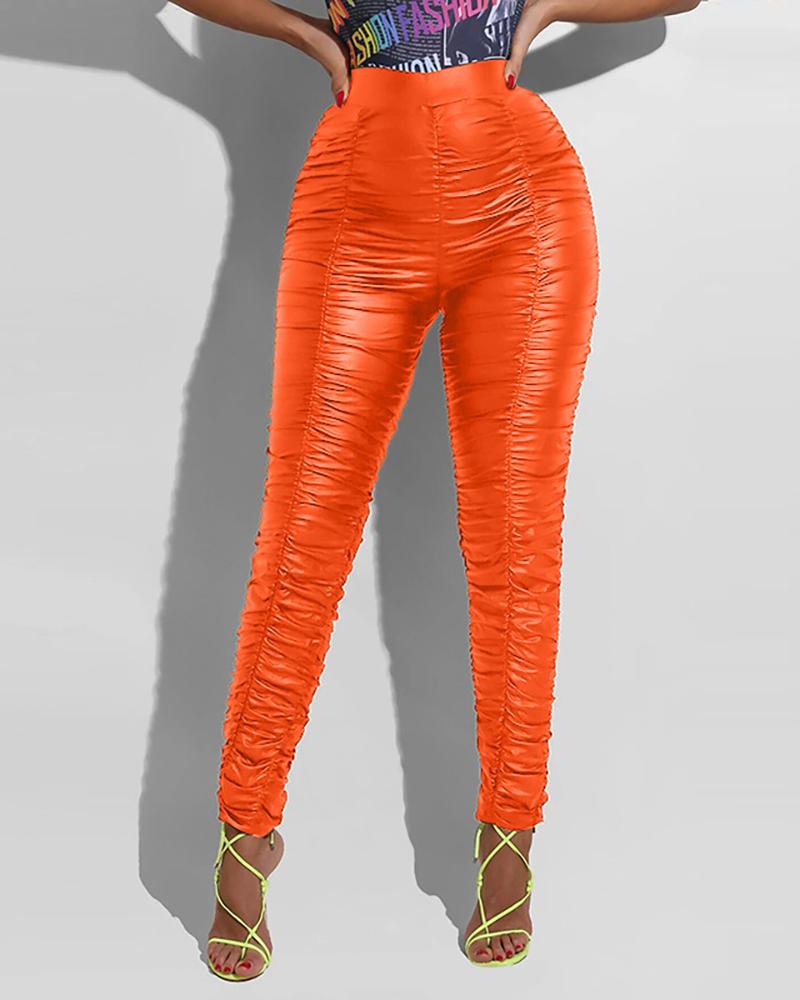 

High Waist Fold PU Leather Pants, Orange