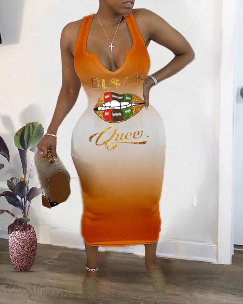 

Gradient Color Glitter Lip Pattern Dress, Orange