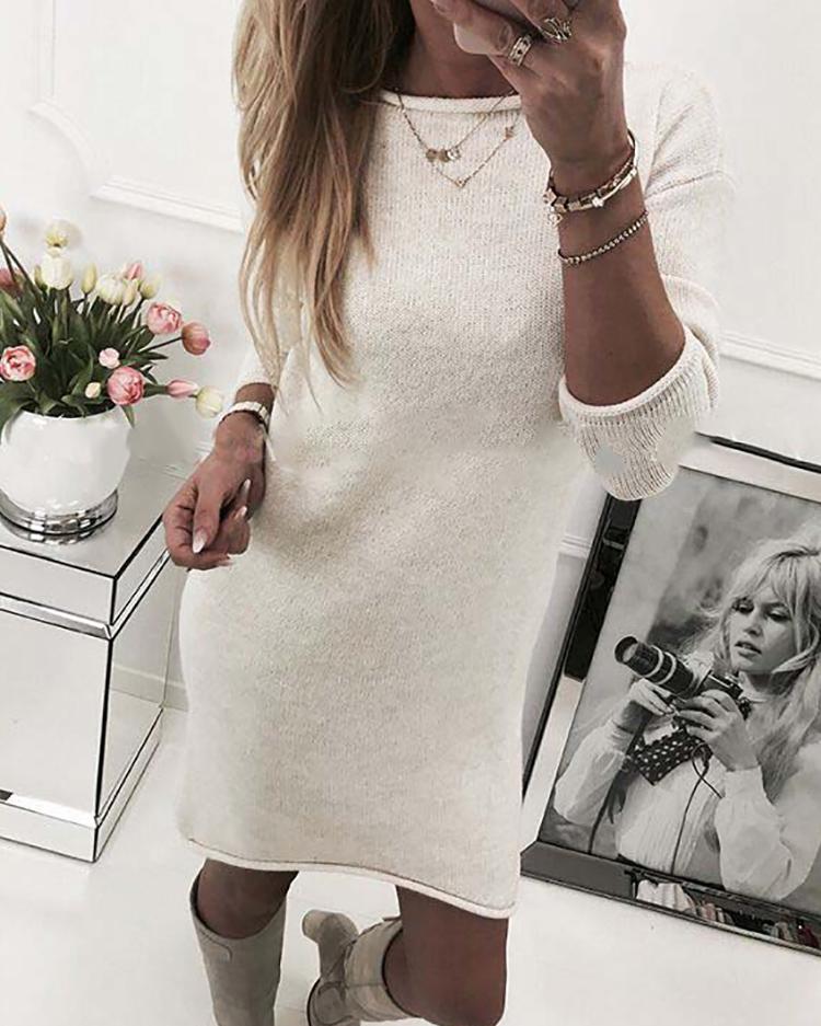 

Solid Crew Neck Long Sleeve Casual Mini Dress, White