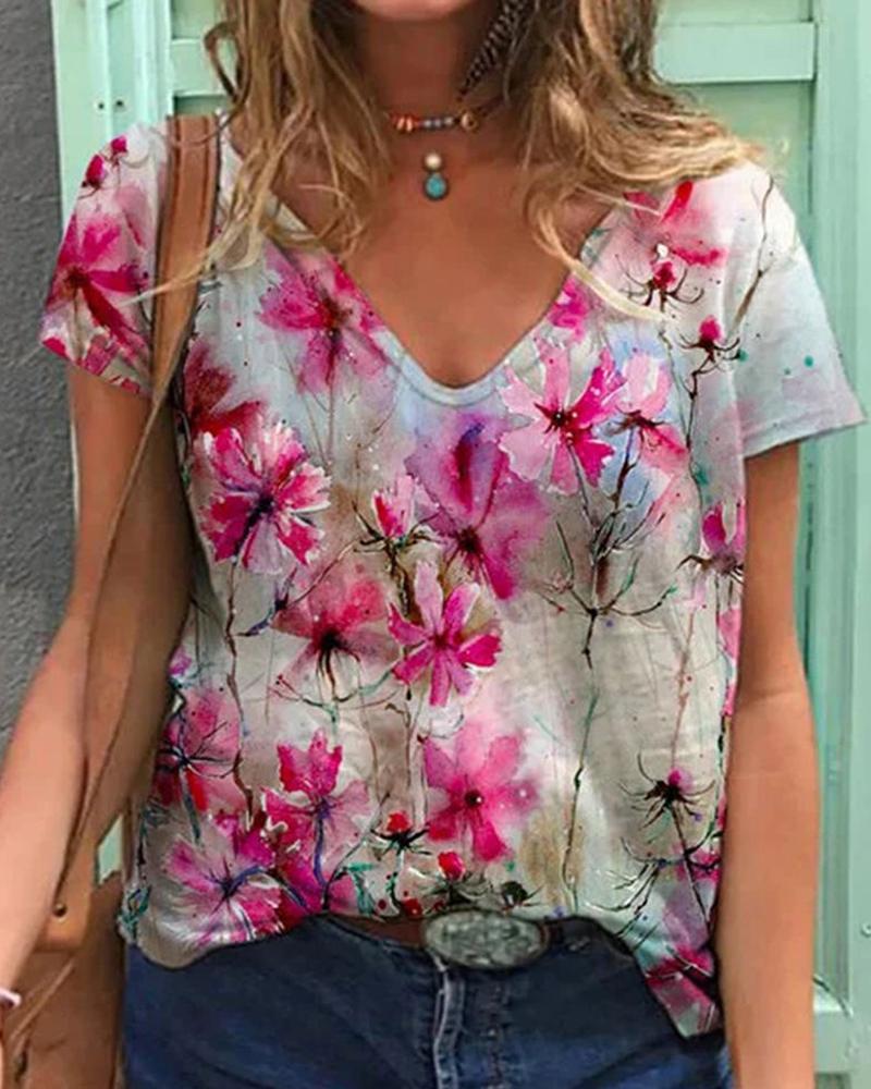 

Floral Print Short Sleeve T-Shirt, Hot pink