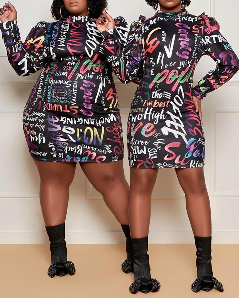 

Plus Size Letter Print Puff Sleeve Dress, Black