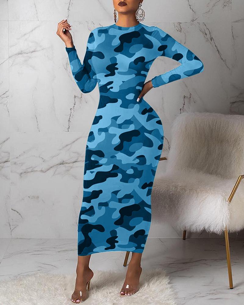 

Camouflage Round Neck Long Sleeve Dress, Blue