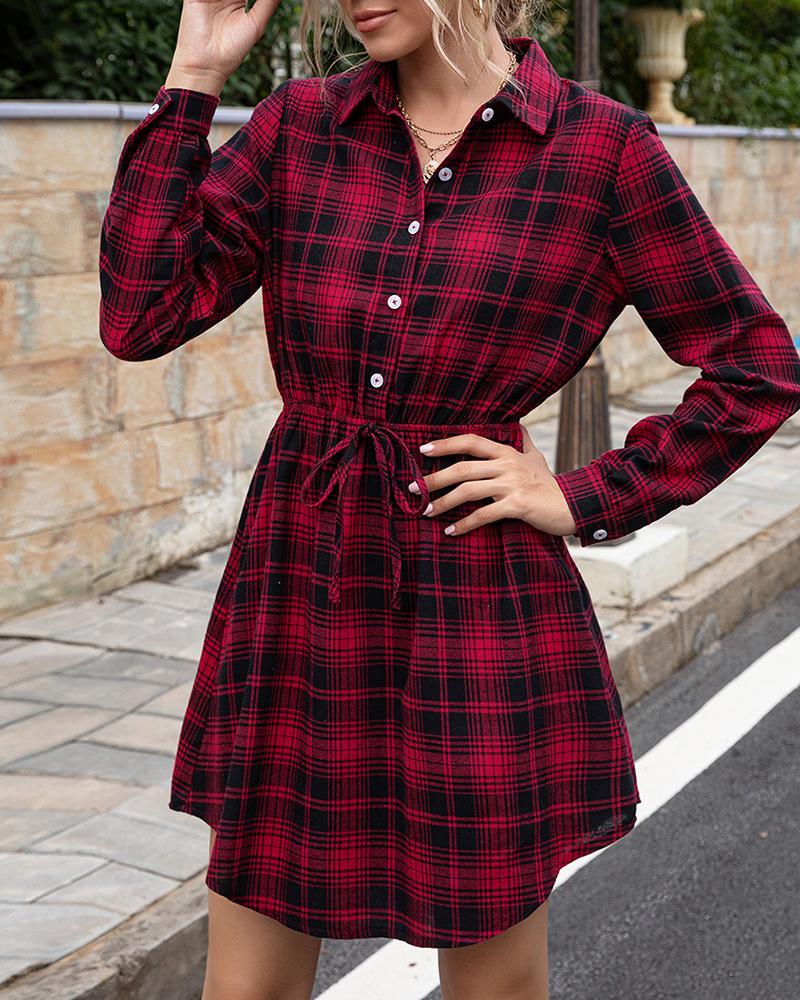 

Plaid Print Long Sleeve Button Design Dress, Red