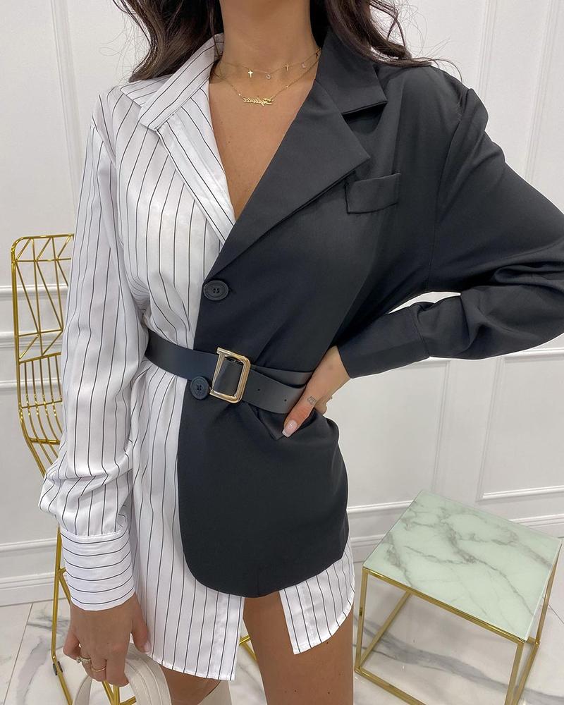 

Striped Colorblock Single Breasted Blazer Shirt Dress, Black