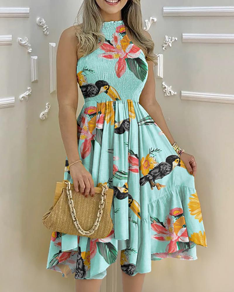 

Shirring Detail Sleeveless Bird Floral Print Dress, Green