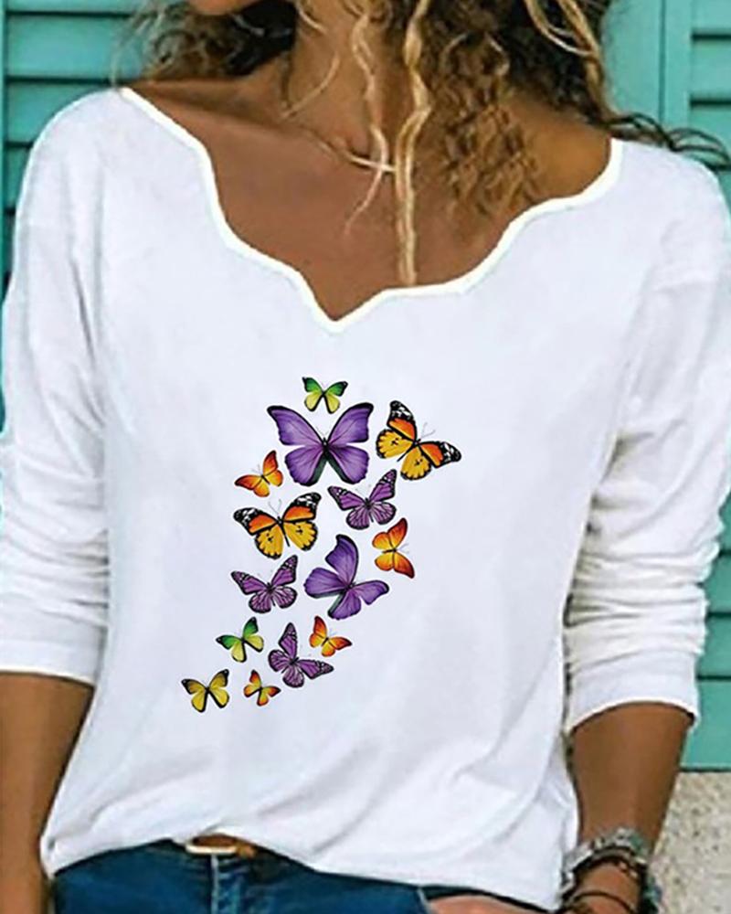 

Graphic / Floral / Butterfly / Flag Print Long Sleeve Top, Style3