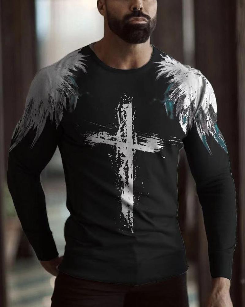 

Cross Print Long Sleeve T-shirt, Black