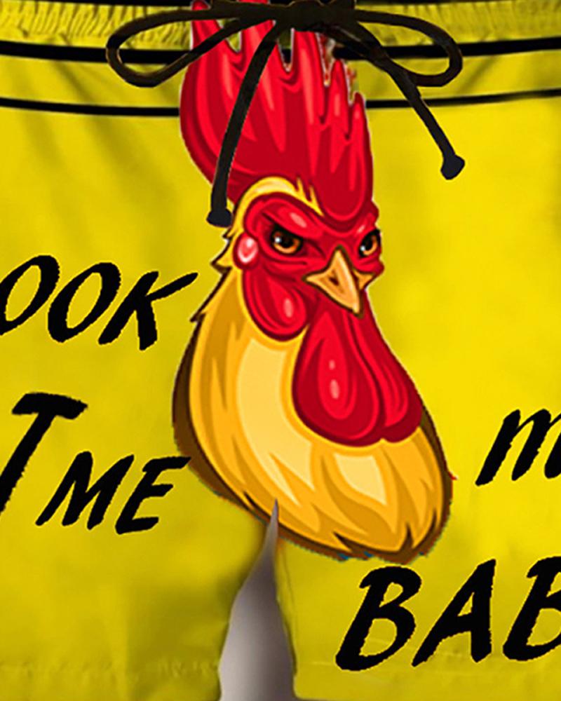 

Colorblock Rooster Print Loose Drawstring Beach Shorts, Yellow