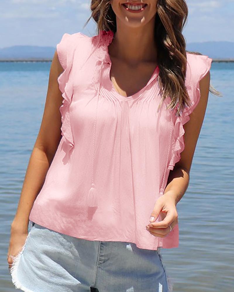 

V Neck Ruffle Trim Ruched Detail Casual Tank Top, Pink